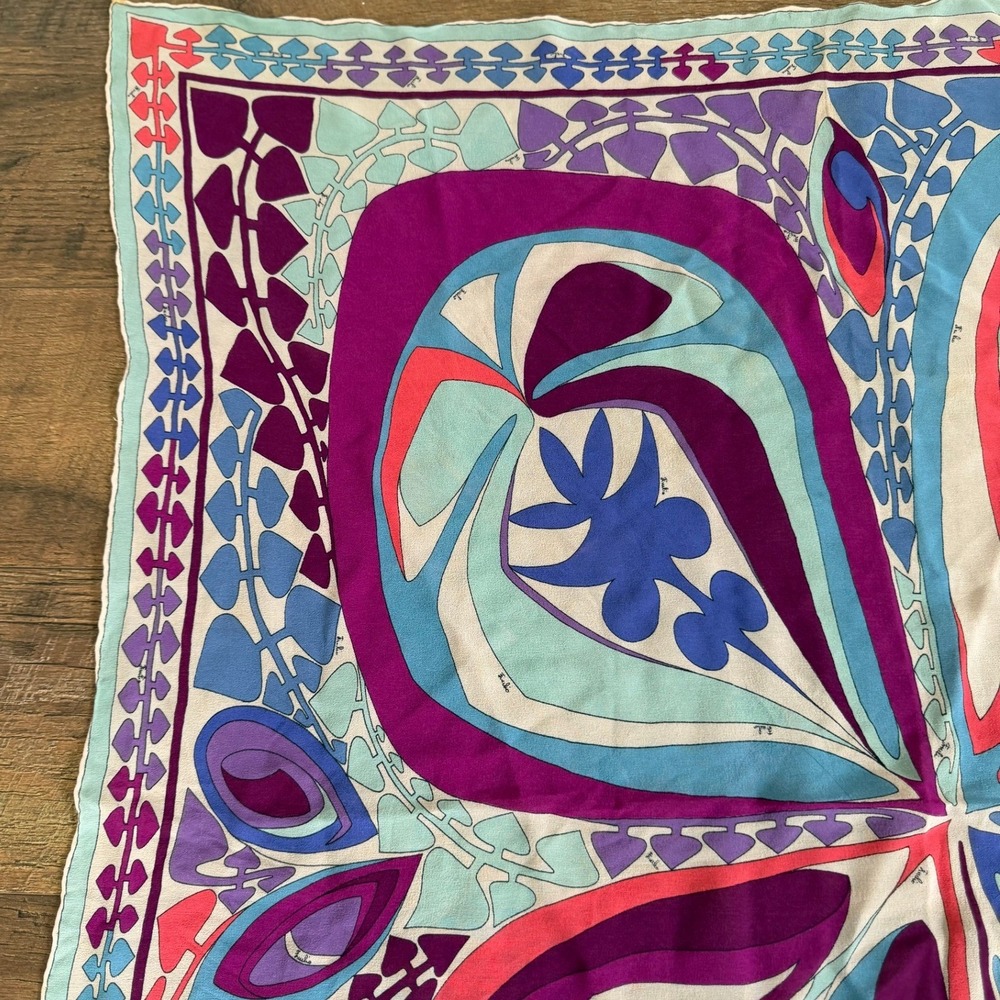 Emilio Pucci Vintage Silk Scarf Psychedelic Butterfly Geometric Purple Blue Pink - Picture 14 of 16